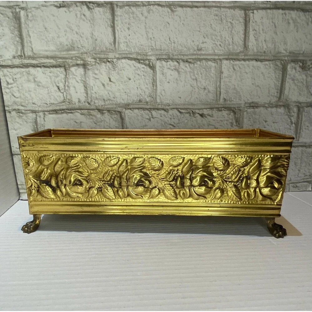 Vintage English Brass Footed Planter/Container with Embossed Rose Pattern